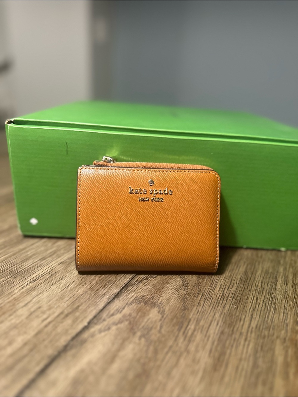 kate spade orange (camel brown) saffiano zip-around wallet